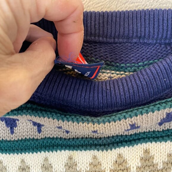 Vintage American Hero Mens Sweater Crew Neck Cable Knit Pullover Blue Geo Stripe - Picture 7 of 10